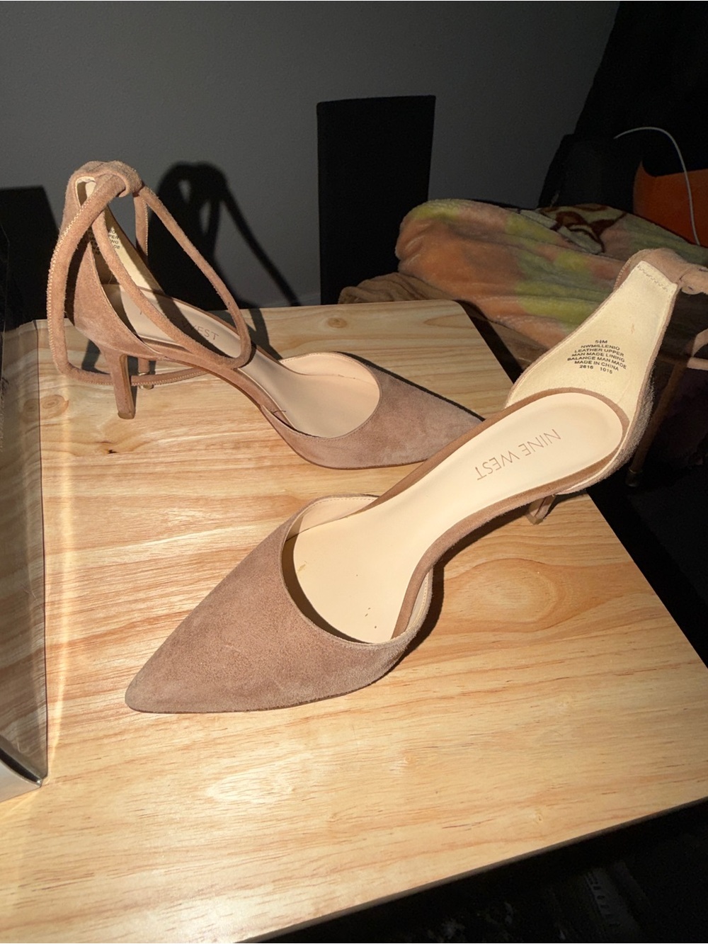 Nine West Taupe Suede Pointed Toe Ankle Tie Heels
